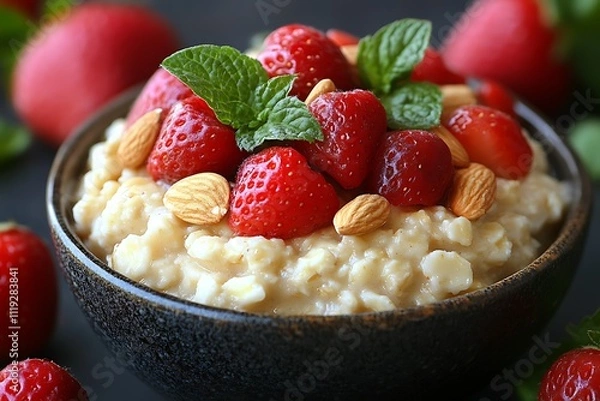 Fototapeta A close-up of a bowl of overnight oats topped with fruits and nuts