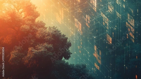 Obraz This image contrasts nature and technology. On the left, there's a large tree with dense foliage, bathed in sunlight. On the right, a futuristic cityscape.