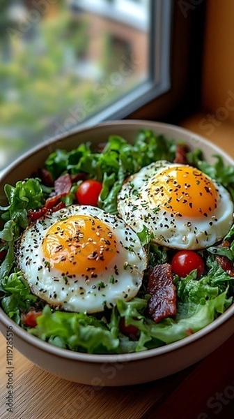 Fototapeta A detailed view of a protein-packed breakfast with eggs, avocado, and turkey bacon