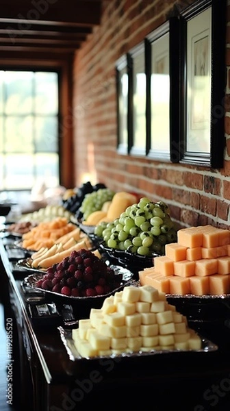 Fototapeta A detailed view of a colorful fruit platter with berries, melon, and kiwi