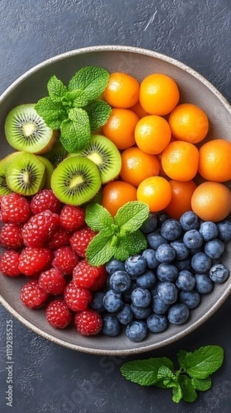 Fototapeta A detailed view of a colorful fruit platter with berries, melon, and kiwi