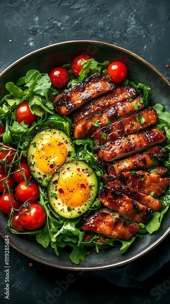 Fototapeta A detailed view of a protein-packed breakfast with eggs, avocado, and turkey bacon