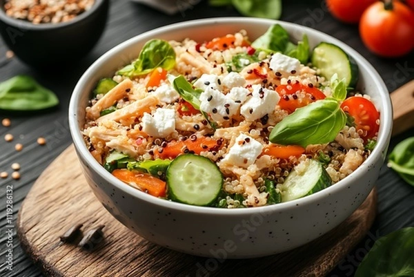 Fototapeta A freshly prepared quinoa salad with cherry tomatoes, cucumbers, and feta cheese