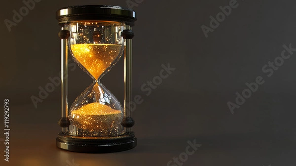 Fototapeta Sand hourglass, vintage clock, timer with transparent glass and gold particles. Banner of running time, loading concept with sandclock and copy space, 3d render illustration. 3D Illustration