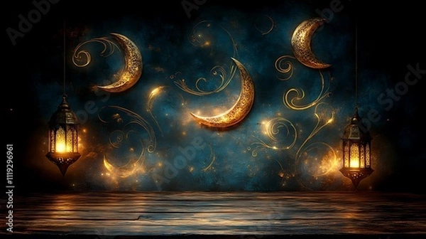 Fototapeta Illuminated wooden table with hanging lanterns and golden crescent moons against a dark blue background.