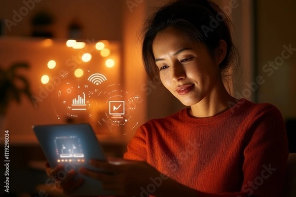 Fototapeta A woman in a cozy ambiance engages with a futuristic tablet, surrounded by captivating digital graphics and icons, symbolizing technological advancement and innovation.