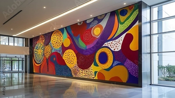Fototapeta Vibrant abstract artwork on a large wall in a modern building lobby.
