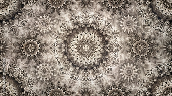 Fototapeta A detailed, symmetrical pattern featuring intricate floral motifs and mandala designs in shades of gray and beige.