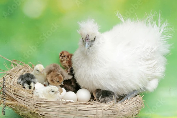 Fototapeta A mother hen is playing with her newly hatched babies while incubating her eggs. This animal has the scientific name Gallus gallus domesticus.