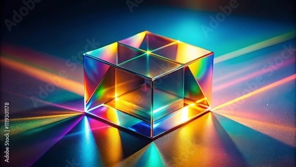 Fototapeta A multifaceted glass cube refracts vibrant light, casting prismatic rays across a reflective surface