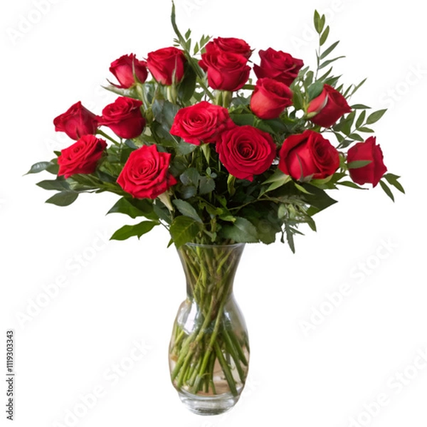 Fototapeta Vase with bouquet of red rose isolated on white background
