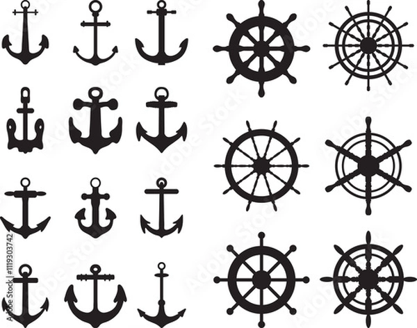 Fototapeta Set of anchors and rudders symbols or logo template 