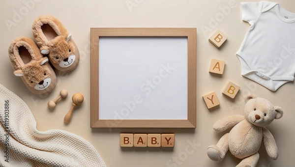 Fototapeta Pregnancy, baby coming announcement template, square wooden frame mockup, cozy fall flat lay composition with warm baby overall, teddy bear, toy and blanket.