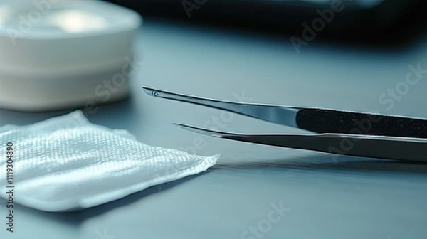 Fototapeta Surgical Tweezers Next to Sterile Gauze Pad on Table Surface