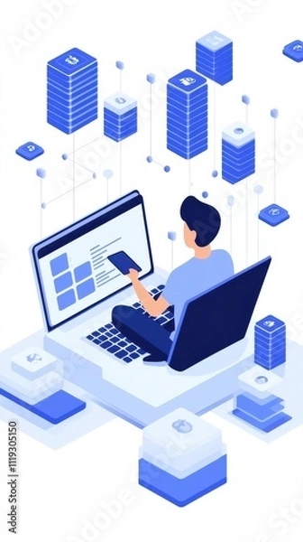 Fototapeta A blockchain developer reviewing code on a laptop, surrounded by digital assets on a clean white background