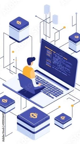 Fototapeta A blockchain developer reviewing code on a laptop, surrounded by digital assets on a clean white background