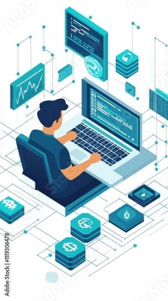 Obraz A blockchain developer reviewing code on a laptop, surrounded by digital assets on a clean white background