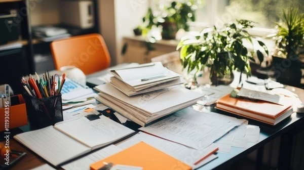 Fototapeta Organized Chaos of Office Desk with Papers and Green Plants