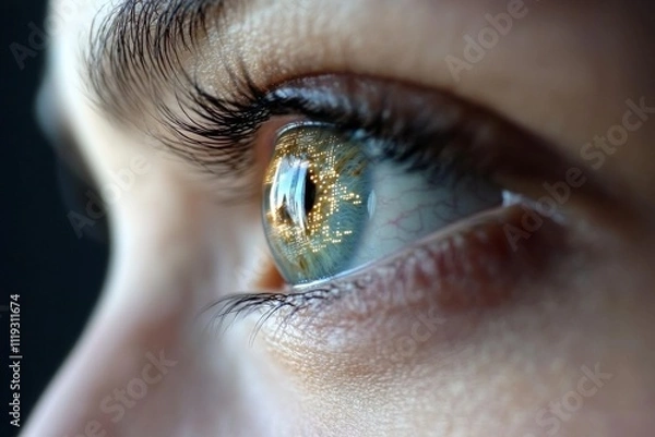 Fototapeta A striking macro image of an eye reflecting a digital cityscape, blending human perception with technology, symbolizing insight and connectivity.