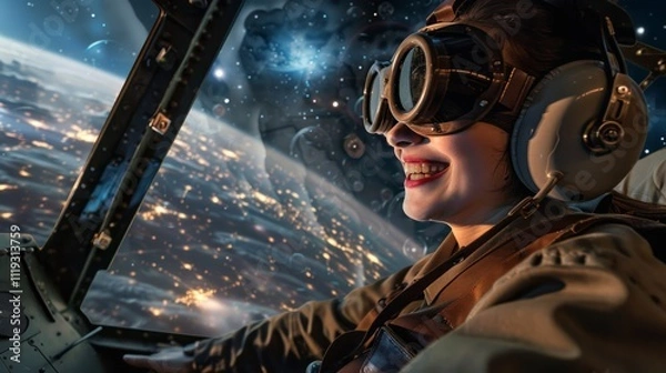 Fototapeta Pilot smiling in cockpit of aircraft over earth astronaut experience space aerial view adventure and exploration