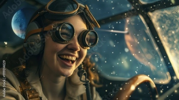 Fototapeta Aviator adventure young pilot in spacecraft cosmic journey digital art joyful atmosphere fantasy perspective