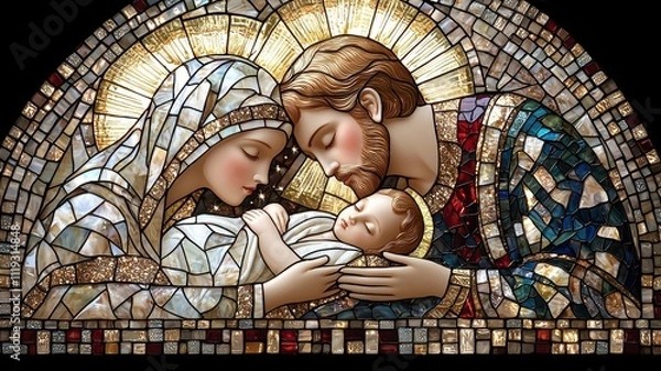 Fototapeta Stained glass depiction of a holy family with newborn child.