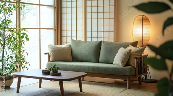 Fototapeta compact Japanese inspired living room featuring green sofa, wooden coffee table, and indoor plants, creating serene and cozy atmosphere