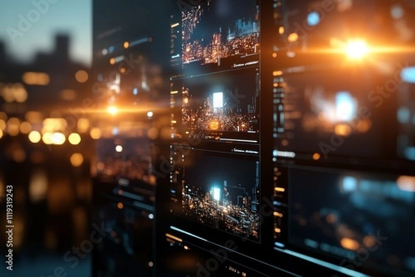 Fototapeta Multiple digital screens display vibrant cityscapes in an abstract style, blending technology and urban life, with prominent glowing lights and reflections.