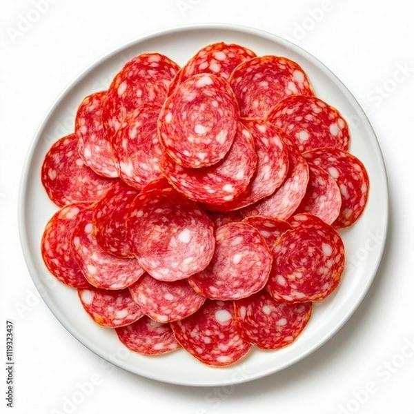 Obraz Plate of salami slices isolated on white background, top view.