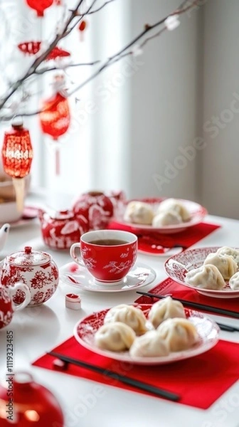 Fototapeta Chinese New Year dining table setting with dumplings, tea, and festive red decorations.