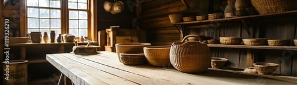 Fototapeta A rustic interior featuring handcrafted wooden bowls and pottery on a well-worn table. Natural light streams through the window, enhancing the warmth and charm of the space.