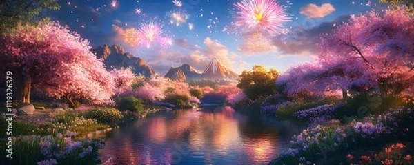 Fototapeta A serene and colorful landscape featuring cherry blossom trees by a shimmering river under a starry sky