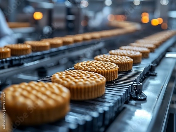 Fototapeta Automated Bakery: Cakes Move on Conveyor Belt