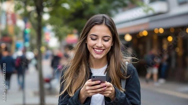 Fototapeta hyper-realistic, vibrant cityscape, happy young girl holding a smartphone, sunlight reflecting off buildings, dynamic and joyful atmosphere