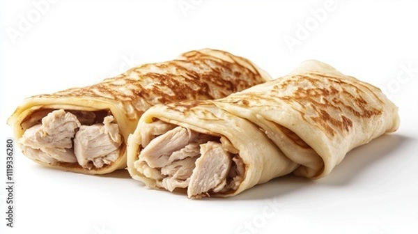Fototapeta Pancake rolls with a filling of pieces of boiled chicken on a white background, isolated
