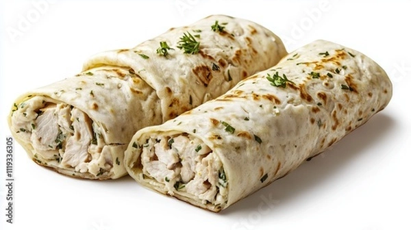 Fototapeta Pancake rolls with a filling of pieces of boiled chicken on a white background, isolated