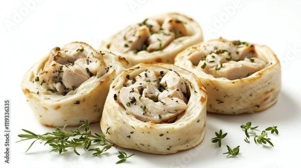 Fototapeta Pancake rolls with a filling of pieces of boiled chicken on a white background, isolated