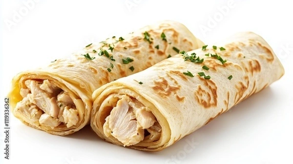 Fototapeta Pancake rolls with a filling of pieces of boiled chicken on a white background, isolated