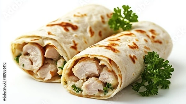 Fototapeta Pancake rolls with a filling of pieces of boiled chicken on a white background, isolated