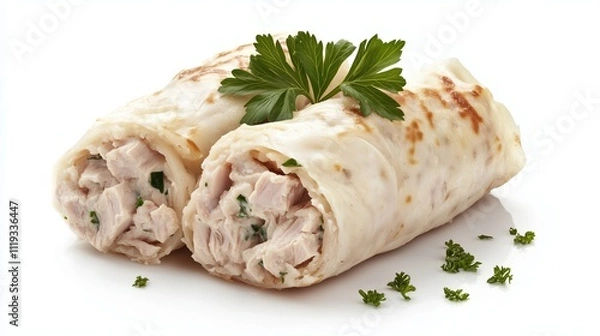 Fototapeta Pancake rolls with a filling of pieces of boiled chicken on a white background, isolated