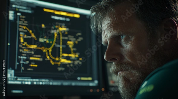 Fototapeta Programmer Analyzes Complex Algorithms on Multiple Screens in a Darkened Workspace, Showcasing Intense Focus and Determination During a Late-Night Project