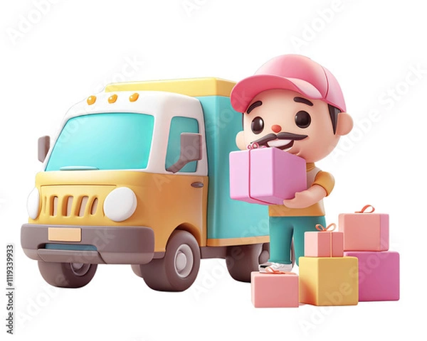 Fototapeta 3D Cartoon-Style Delivery Truck Scene with Delivery Person Loading Colorful Boxes
