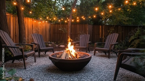 Fototapeta Cozy backyard fire pit with string lights and Adirondack chairs at night.