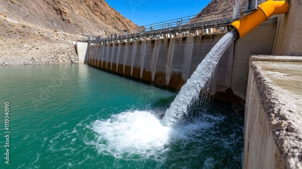 Fototapeta Water Flows From a Reservoir Through a Large Pipe Into a Tranquil Lake Surrounded by Mountainous Terrain Under Clear Blue Skies at Midday