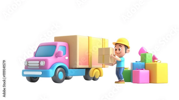 Fototapeta 3D Cartoon-Style Delivery Truck Scene with Delivery Person Loading Colorful Boxes