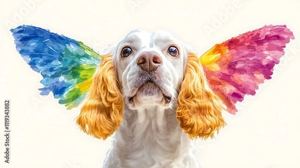Fototapeta Adorable dog with colorful watercolor wings, showcasing a charming expression, perfect for whimsical art or marketing materials related to pets, love, and joy.