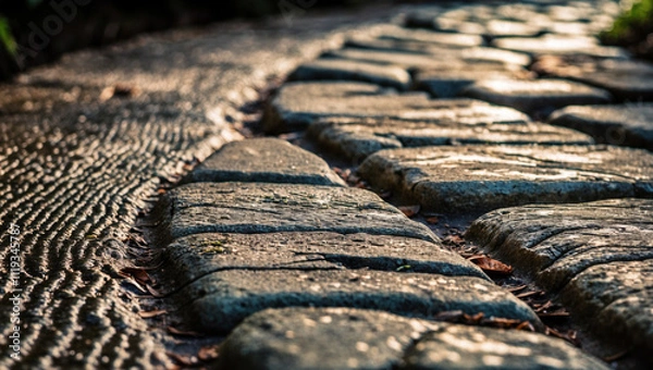 Fototapeta Extreme Close-Up of Weathered Stone Pathway with Foot Traffic Abrasions and Cracks - Distressed Abrasion Concept.