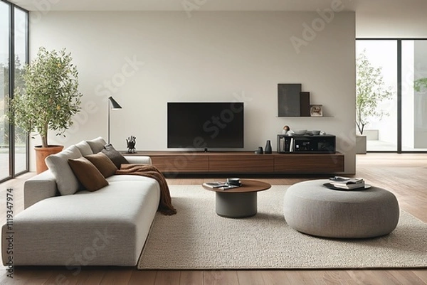 Fototapeta Modern living room with sectional sofa, TV, and minimalist decor.