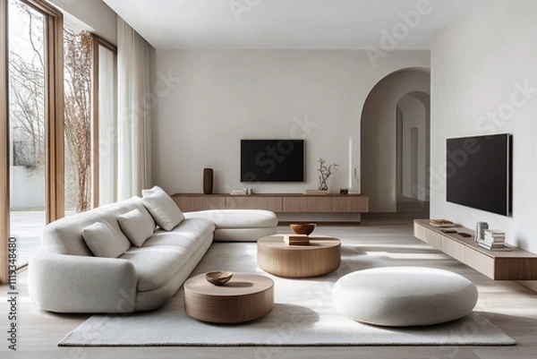 Fototapeta Modern minimalist living room with sectional sofa, coffee tables, and large windows.