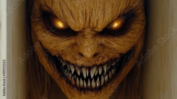 Obraz Close-up of a terrifying creature with glowing eyes and sharp teeth.